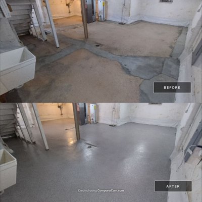 University City Basement Makeover - This basement had major need of an overhaul. We ground down all the old and new concrete and covered the entire basement with our polyurea/polyaspartic coating. This was a major job and required lots of skill to have a great end result. University City Basement Makeover - This basement had major need of an overhaul. We ground down all the old and new concrete and covered the entire basement with our polyurea/polyaspartic coating. This was a major job and required lots of skill to have a great end result.