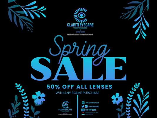 2025 Spring Eye Wear Sale - 2025 Spring Eye Wear Sale!!! 50% off all prescription lenses with any frame purchase. Purchase any frame and receive 50% off of the purchase of lenses. In store only. Located in The Shops of Carriage Crossing 4630 Merchants Park Circle Suite 705 Collierville, TN 38017. Call for appointment 901-930-5288.