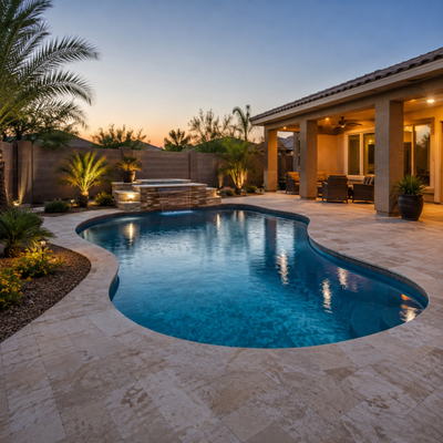Pool Remodel 'Project Sonora" - Project Sonora was a complete pool transformation featuring new travertine decking, upgraded waterline tile, a fresh pebble interior finish, and a custom sheer descent water feature. The finished remodel gives the backyard a cleaner, more modern look while improving the overall feel and functionality of the pool.