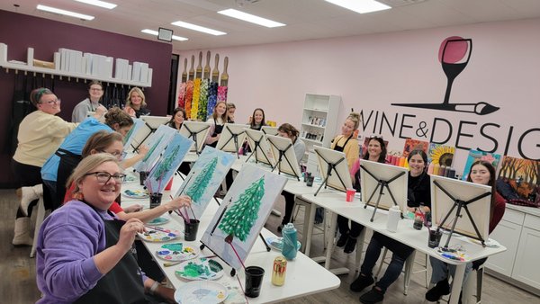 Holiday Themed Team Building - Such a fun night in our studio! This group came together for a festive team-building experience and created beautiful winter-themed paintings.

If you're planning something special—team outings, birthdays, family gatherings, bachelorette celebrations, kids’ parties, or any reason to get creative—we make it easy. You pick the date and project, and we take care of the rest.

Ready to plan your own private event? Learn more and submit your request here:
https://www.wineanddesign.com/wakeforest-nc/private-events/