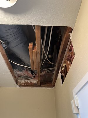 Newport Coast, laundry room ceiling CAT 3 sewerage waste water. Mold remediation and anti microbial treatment. Drainage plumbing repair. - This water damage and mold project happened at the worst of times. Just before the holidays. Thankfully are team of professionals was able to mitigate the water damage our first visit. As well as identify the source of the water leak. Once our client approved the repairs. We were able to make next day repairs allowing for minimal disruption from normal day to day life. After a antimicrobial treatment and sufficient time to allow for air scrubbing and dehumidification. Our clients were able to resume their holiday celebrations.