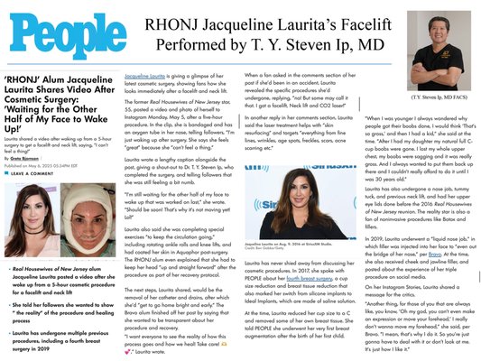 (Real Housewife of New Jersey) Jacqueline Laurita and (Real Housewife of OC) Lynne Curtin by T. Y. Steven Ip, MD - T. Y. Steven Ip, MD, Plastic Surgeon performs Facelift Surgery on the former Real Housewives of New Jersey Jacqueline Laurita and Real Housewives of OC Lynne Curtin. It was the first time that both an East Coast and West Coast Housewife had surgery on the same day. The multiple media covered both of T. Y. Steven Ip, MD Facelift Surgeries. (Real Housewife of New Jersey) Jacqueline Laurita and (Real Housewife of OC) Lynne Curtin by T. Y. Steven Ip, MD - T. Y. Steven Ip, MD, Plastic Surgeon performs Facelift Surgery on the former Real Housewives of New Jersey Jacqueline Laurita and Real Housewives of OC Lynne Curtin. It was the first time that both an East Coast and West Coast Housewife had surgery on the same day. The multiple media covered both of T. Y. Steven Ip, MD Facelift Surgeries.