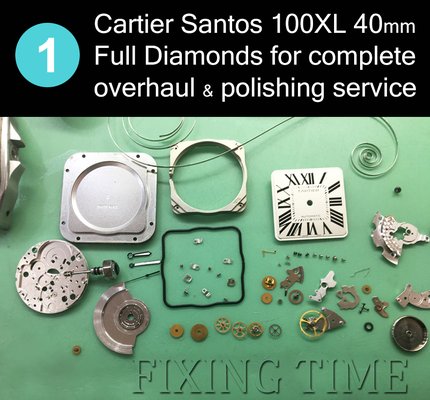 Cartier Santos 100XL - Overhaul Service - This Cartier Santos 100XL in 40mm size, with full diamonds came in for a factory-style overhaul service and polishing. We completely disassembled and overhauled the movement to function and operate properly, within its factory specifications. Cartier Santos 100XL - Overhaul Service - This Cartier Santos 100XL in 40mm size, with full diamonds came in for a factory-style overhaul service and polishing. We completely disassembled and overhauled the movement to function and operate properly, within its factory specifications.