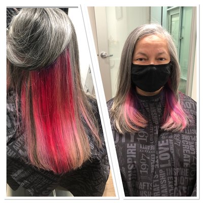 Adding color to beautiful hair - This beautiful natural silver needed a fun pop of color. A peekaboo look with vibrant colors  Adding color to beautiful hair - This beautiful natural silver needed a fun pop of color. A peekaboo look with vibrant colors 