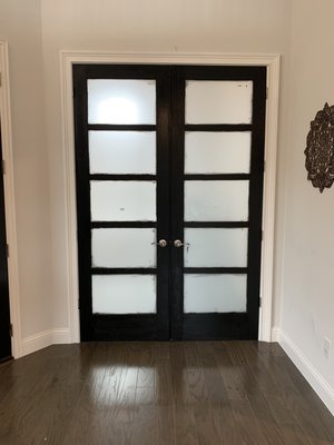 Custom French door install. - My Cliente’s wanted a large custom French door installed into there hallway to provided them with office space separate from the home entrance. We designed, ordered, installed and stained this door to my Cliente’s needs. Custom French door install. - My Cliente’s wanted a large custom French door installed into there hallway to provided them with office space separate from the home entrance. We designed, ordered, installed and stained this door to my Cliente’s needs.