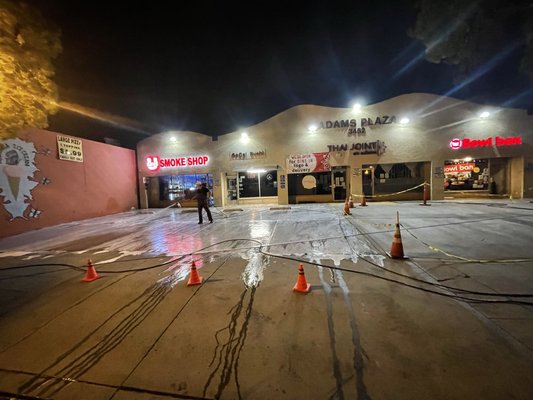 Exterior plaza cleaning - We use a detergent to break down the oil and grease then we pressure wash it by hand to remove all the gum, paint, dirt, etc Exterior plaza cleaning - We use a detergent to break down the oil and grease then we pressure wash it by hand to remove all the gum, paint, dirt, etc