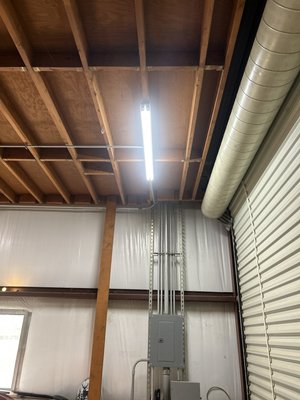 Shop LED install - Two LED fixtures Installed in high bay shop. This really brightened up the shop. Half day install. Call for quote. Shop LED install - Two LED fixtures Installed in high bay shop. This really brightened up the shop. Half day install. Call for quote.