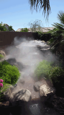 WATERFALL FOGGER SYSTEM 2020 ! - Client wanted waterfall and river bed to come alive and look real ! , We delivered and their backyard is 20 degrees cooler as a bonus !