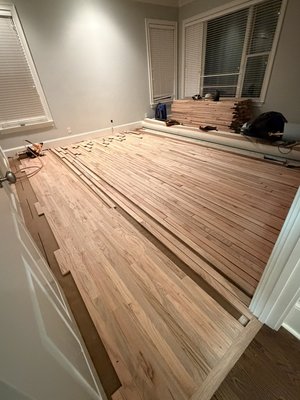 Hardwood Installation/ Sand and Finish - This project involved tearing out the existing carpet and installing solid red oak flooring. We then sand and finish to match existing flooring throughout house. Hardwood Installation/ Sand and Finish - This project involved tearing out the existing carpet and installing solid red oak flooring. We then sand and finish to match existing flooring throughout house.