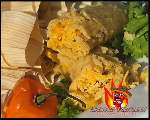 Chicken Delight w/ Street Maíz & Cheese - Twisted Tamales crafted an authentic Chicken Delight w/ Street Maíz & Homemade Jalapeño Cheese tamale with a unique twist, inspired by a diverse cuisine from Guadalajara, Mexico. Take this moment to discover a unique blend of flavors from Twisted Tamales' private garden and farms. The Chicken Delight w/ Street Maíz & Homemade Jalapeño Cheese creations are masterfully prepared by culinary artists Quentin and Gretchen Pridemore and are enjoyed at the tables of families and friends everywhere! "SO GOOD, YOU'LL SAY 'OLE!" Chicken Delight w/ Street Maíz & Cheese - Twisted Tamales crafted an authentic Chicken Delight w/ Street Maíz & Homemade Jalapeño Cheese tamale with a unique twist, inspired by a diverse cuisine from Guadalajara, Mexico. Take this moment to discover a unique blend of flavors from Twisted Tamales' private garden and farms. The Chicken Delight w/ Street Maíz & Homemade Jalapeño Cheese creations are masterfully prepared by culinary artists Quentin and Gretchen Pridemore and are enjoyed at the tables of families and friends everywhere! "SO GOOD, YOU'LL SAY 'OLE!"