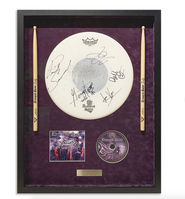 Memorabilia - A fun project for a wonderful, fist time customer. This signed snare drum head is preserved behind archival matting and art glass. Drum head, drum sticks, CD and plaque for the band Armored Saint. Love how this came out.