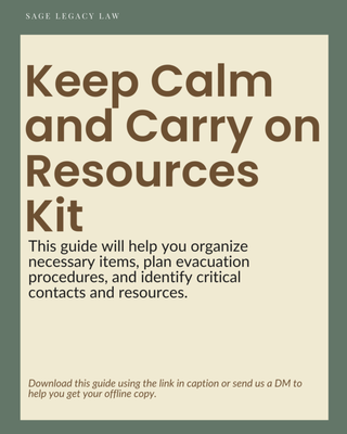 Keep Calm and Carry On Kit - Life is unpredictable. In the face of an emergency, it's easy to feel overwhelmed and forget critical details. To ensure you and your loved ones can navigate challenging times with confidence, our firm has created the "Keep Calm and Carry On" Emergency Preparedness Kit.
This is more than just a kit—it's your blueprint for peace of mind.
What's Inside The Kit?
1.Guardianship Plan Emergency Checklist
A clear, concise reminder list of the most important immediate steps to take if an emergency occurs. It's designed to help you stay organized and ensure your plans are followed seamlessly, even in the most stressful moments.
2.Our Professional Guardianship Planning Services
Behind the checklist lies the full strength of our legal expertise. We provide comprehensive and legally sound Guardianship Planning services to ensure the future care of your children, loved ones, and even pets, along with the management of your assets, is handled exactly according to your wishes.
3.Free Resource: Download Your Guardian Angel Pack Today
We believe proactive planning is the greatest gift of love you can give your family.
That's why we are offering a free downloadable resource: our "Guardian Angel Pack."
This guide will help you:
Understand the importance and key components of a guardianship plan.
Begin thinking about the considerations for creating a plan tailored to your family.
Take the first step in building a safety net for your family's future.
❤️Take action today to safeguard your loved ones.❤️ Keep Calm and Carry On Kit - Life is unpredictable. In the face of an emergency, it's easy to feel overwhelmed and forget critical details. To ensure you and your loved ones can navigate challenging times with confidence, our firm has created the "Keep Calm and Carry On" Emergency Preparedness Kit.
This is more than just a kit—it's your blueprint for peace of mind.
What's Inside The Kit?
1.Guardianship Plan Emergency Checklist
A clear, concise reminder list of the most important immediate steps to take if an emergency occurs. It's designed to help you stay organized and ensure your plans are followed seamlessly, even in the most stressful moments.
2.Our Professional Guardianship Planning Services
Behind the checklist lies the full strength of our legal expertise. We provide comprehensive and legally sound Guardianship Planning services to ensure the future care of your children, loved ones, and even pets, along with the management of your assets, is handled exactly according to your wishes.
3.Free Resource: Download Your Guardian Angel Pack Today
We believe proactive planning is the greatest gift of love you can give your family.
That's why we are offering a free downloadable resource: our "Guardian Angel Pack."
This guide will help you:
Understand the importance and key components of a guardianship plan.
Begin thinking about the considerations for creating a plan tailored to your family.
Take the first step in building a safety net for your family's future.
❤️Take action today to safeguard your loved ones.❤️