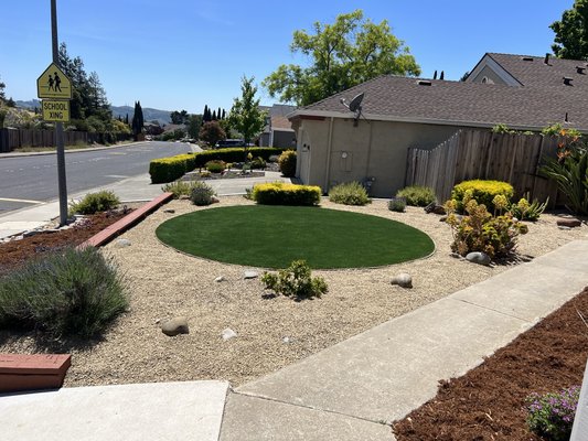 New Landscape with an artificial turf installation!! - This is a before and after Landscape we did in Benicia CA. We removed sod in the front yard as also in the backyard. A lot of shrubs and old mulch was removed as well. We poured 2 concrete slabs in the back and did all the new planting as well with the irrigation system. Artifical turf was our final step to complete this project.
