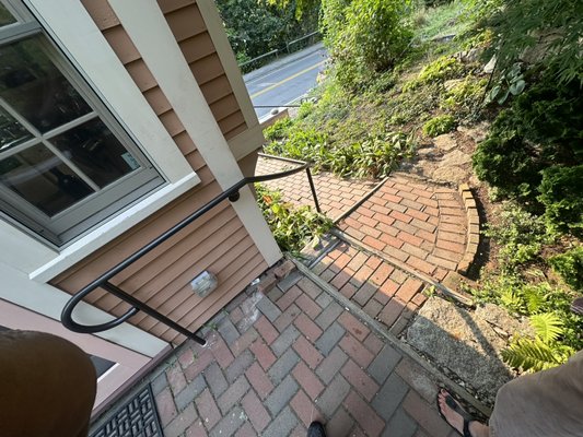 Handrail project for a senior client. Gloucester MA. - The lack of handrails throughout this client’s home, made an elderly woman feel unsafe and uncomfortable to walk outside in the snow. These handrails were custom fabricated to meet the client needs, and the customer now feels safer and more assured as she walks around her home.