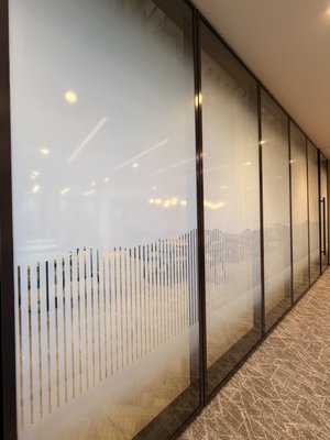 Custom Printed Gradient - Our client requested a custom printed film for their meeting rooms, so we collaborated with their designer to develop a dual gradient finish featuring a distinct clear striped pattern that echoes the Santa Monica mountains’ skyline. Custom Printed Gradient - Our client requested a custom printed film for their meeting rooms, so we collaborated with their designer to develop a dual gradient finish featuring a distinct clear striped pattern that echoes the Santa Monica mountains’ skyline.
