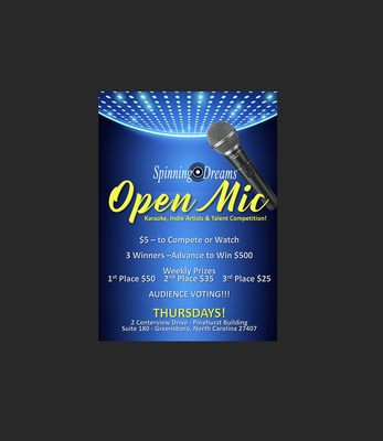 Open Mic Night - Open Mic Night $5 to Participate or Watch, check out all the details here: https://www.spinning-dreams.com/product-page/spinning-dreams-open-mic-night