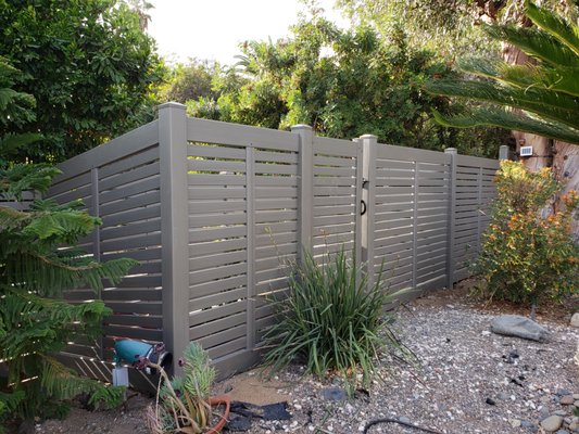 Modern Horizontal Picket Fence - This project had a lots of challenges and we committed to take it over and get it done. HI inclines and property level variances made LA Fence Craft fabrication and installation team to go an extra mile to bring it to perfection. Detailed measurements and well communication with the customers that's what helps LA Fence Craft to be unique and selected by many home owners, contractors and designers in greater Los Angeles and surrounding areas.
Breezewood Select Cedar Texture- up to 7 color options available. Modern design that is equally attractive on both sides. Top rails in ColorLast colors feature reinforcement for added strength and durability. Modern Horizontal Picket Fence - This project had a lots of challenges and we committed to take it over and get it done. HI inclines and property level variances made LA Fence Craft fabrication and installation team to go an extra mile to bring it to perfection. Detailed measurements and well communication with the customers that's what helps LA Fence Craft to be unique and selected by many home owners, contractors and designers in greater Los Angeles and surrounding areas.
Breezewood Select Cedar Texture- up to 7 color options available. Modern design that is equally attractive on both sides. Top rails in ColorLast colors feature reinforcement for added strength and durability.