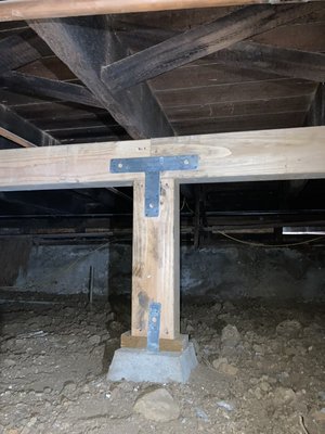Pier Replacement - This is a pier replacement project on a house that was testing its luck with the piers it currently had. Some piers were crooked and slanted, some had deteriorated, & most were outdated and shallow. This leaves the house unprotected with time & especially Earthquakes. We put up temporary support while we replaced all 18 piers. Giving them a new concrete footing of 18”x18” depth. New rebar and pressure treated wood. T-straps to secure the pier of any movement. And supports to hold up a bearing wall that was previously left unprotected.