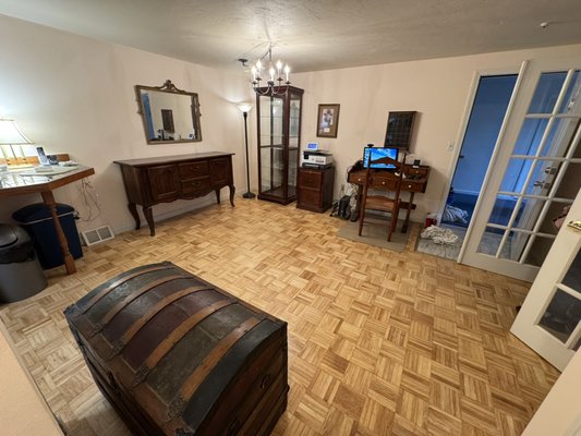 Parquet Refinishing May 2026 - This parquet flooring had been through decades and multiple owners since its last refresh. We sanded them down carefully, removing the wear from the wood and restoring them to their former glory