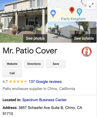 Google Reviews - Here at Mr Patio Cover we specialize in the installation of new aluminum patio covers. Our goal is to provide you with the best service, installation, products, and warranty in the business. At Mr Patio Cover, customer care and craftsmanship come first. We're family owned and operated and we back our labor and products with our exclusive Mr Patio Cover Lifetime Warranty on materials and labor. We are located in Chino, California but we also service the surrounding areas in the Inland Empire, San Bernardino and Riverside counties. Google Reviews - Here at Mr Patio Cover we specialize in the installation of new aluminum patio covers. Our goal is to provide you with the best service, installation, products, and warranty in the business. At Mr Patio Cover, customer care and craftsmanship come first. We're family owned and operated and we back our labor and products with our exclusive Mr Patio Cover Lifetime Warranty on materials and labor. We are located in Chino, California but we also service the surrounding areas in the Inland Empire, San Bernardino and Riverside counties.