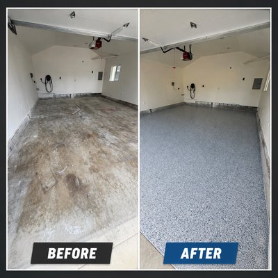 Car garage. - From old, rust-stained concrete to a beautiful, professional-grade epoxy flake floor in just one day. Complete diamond grinding, surface repairs, premium epoxy, full flake broadcast, and a UV-stable polyaspartic topcoat for a durable, long-lasting finish. Car garage. - From old, rust-stained concrete to a beautiful, professional-grade epoxy flake floor in just one day. Complete diamond grinding, surface repairs, premium epoxy, full flake broadcast, and a UV-stable polyaspartic topcoat for a durable, long-lasting finish.