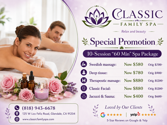 Special Promotion - 10 -Session Spa Package - .10- Session 60 MIn Spa Package
1. Swedish Massage :$580
2.Deep Tissue Massage:$780