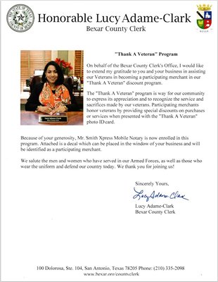 "Thank A Veteran" Program - The "Thank A Veteran" program is a way for MR SMITH XPRESS MOBILE NOTARY to express its appreciation and to recognize the service and sacrifices made by our veterans.  MR SMITH XPRESS MOBILE NOTARY honors veterans by providing special discounts on services when presented with the "Thank A Veteran" photo ID card or military ID card.