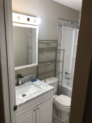 Bathroom repair - Complete bathroom remodel done recently by our crew. Brand new tub and vanity top with new faucet fixures. Tub and medicine cabinet was reused. Bathroom repair - Complete bathroom remodel done recently by our crew. Brand new tub and vanity top with new faucet fixures. Tub and medicine cabinet was reused.