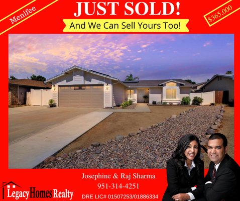 Just Sold This home in city of Menifee, CA - Real estate market is HOT right now, we sold this home for TOP dollars, made higher comps for the neighborhood. JUST SOLD this beautiful single story home in city of Menifee for full price. Thanks to our sellers Mr. & Mrs. Newberry for allowing us to help you with sale of your home which we helped you purchase 5 years ago. Onto the new journey, wish you all the best on your out of state move.
Thinking of buying or selling? Contact us today!
Legacy Homes Realty
951-314-4251
DRE 01902724
#legcayhomesrealty #justsold #menifee #menifeehomes #menifeeagent #meniferealtor #menifeerealestate Just Sold This home in city of Menifee, CA - Real estate market is HOT right now, we sold this home for TOP dollars, made higher comps for the neighborhood. JUST SOLD this beautiful single story home in city of Menifee for full price. Thanks to our sellers Mr. & Mrs. Newberry for allowing us to help you with sale of your home which we helped you purchase 5 years ago. Onto the new journey, wish you all the best on your out of state move.
Thinking of buying or selling? Contact us today!
Legacy Homes Realty
951-314-4251
DRE 01902724
#legcayhomesrealty #justsold #menifee #menifeehomes #menifeeagent #meniferealtor #menifeerealestate