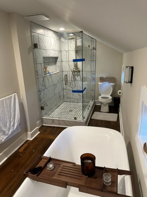 Bathroom remodel - This project was a half bath that was expanded into a closet to make it much larger and able to fit a full master bath! Bathroom remodel - This project was a half bath that was expanded into a closet to make it much larger and able to fit a full master bath!