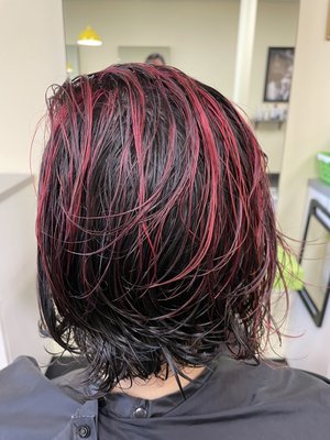 Partial Pink Highlights - She had chunky orangey highlights and wanted thinner highlights with a vibrant color and Pink was her go to.. Partial Pink Highlights - She had chunky orangey highlights and wanted thinner highlights with a vibrant color and Pink was her go to..