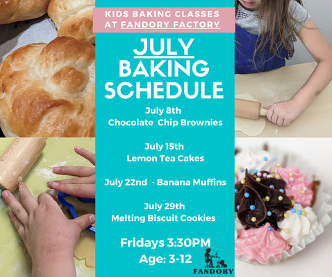 Kids Baking Classes at Fandory Factory - Junior Baking Classes at Fandory Factory are for kids to learn and experience baking and working with food. Every Friday we bake something new with hands on experience. Morning class at 10am-11am is for kids 2-5 year old and afternoon class 3:30pm-4:30pm is for 4-12 year olds. Kids get to work on the food and eat their creations once baked.