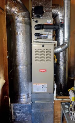 HVAC System Changeout - New Bryant® Preferred™ 2-Stage Gas Furnace with a custom fabricated sheet metal plenum and filter base, along with a new Bryant® Preferred™ crossover heat pump to replace the old air conditioner. 
This setup is known as a hybrid system. The outdoor heat pump is capable of both heating and cooling the home, reducing reliance on natural gas. 
During colder weather, the gas furnace automatically takes over as an auxiliary heat source to provide efficient, reliable comfort when it is needed most.