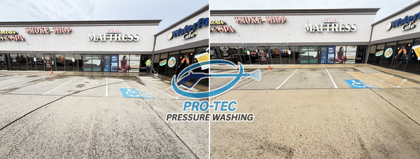 Conroe, TX Commercial Parking Lot & Storefront - We cleaned the designated parking spaces and front walkway for a business in a busy strip mall in Conroe. The concrete had built-up dirt, oil spots, and heavy traffic staining from daily use.

After a thorough surface cleaning, the storefront looked noticeably brighter and more inviting. While we were working, the neighboring business owner saw the results and hired us on the spot for their property as well — always a great sign when the work speaks for itself!