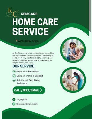 HOME CARE SERVICES - Kemcare Homecare:
	•	Non-medical home support
	•	Personal care & companionship
	•	Light housekeeping & errands
	•	Flexible, reliable caregivers