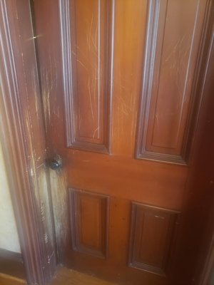 Rehab interior door and door frame. - We all have pats that we love and they are part of our family, with our love for them damages to our furniture definitely happened.
In this situation, his big dog creates big deep scratches on this beautiful door and door frame.
We removed the door from the frame and sand down the door in order to remove the scratches as best as possible. 
We repaired all gashes and deep scratches on the door frame and the door, fix all the deep scratches with Cherry putty, sand the door and the door frame, and apply 2 coats of Cherry stain.
Result: another happy customer.
Call us for a free estimate.
A good result should not be a luxury.
https://hiendremodeling.com/