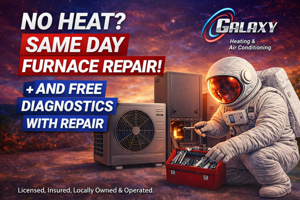 Same Day Furnace Repair - No heat? We’ve got you.
Galaxy Heating & Air Conditioning offers Same Day Furnace Repair (whenever possible) to get your home warm and comfortable again - fast.

Our licensed technicians can diagnose and repair most furnace issues on the spot, and we always aim for same-day service whenever scheduling and parts availability allow.

What you can expect:
• Fast, reliable furnace repair
• Free diagnostics with any completed repair
• Honest recommendations and upfront pricing
• Fully stocked service vehicles for quicker fixes
• Friendly, local technicians you can trust

Whether your furnace is blowing cold air, short cycling, making noise, or not turning on at all, we’re ready to help.

Call Galaxy Heating & Air Conditioning today - get your heat back as quickly as possible!