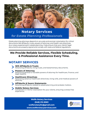 Estate Planning Documents - POA, Wills, etc to ensure your assets and furture are protected.