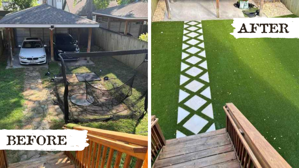 Paver Walkway + Turf - This 1,000 Sq.Ft. backyard was unusable until Southern Turf Co. came along! We love the paver design our crew installed for the walkway. We don't just install turf! If you need pavers, rocks, or gravel incorporated in your landscape design, we've got you! Paver Walkway + Turf - This 1,000 Sq.Ft. backyard was unusable until Southern Turf Co. came along! We love the paver design our crew installed for the walkway. We don't just install turf! If you need pavers, rocks, or gravel incorporated in your landscape design, we've got you!