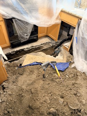 Interior Under-Slab Drain Line Replacement - The original cast iron drain lines beneath this home had severely deteriorated and developed large holes and collapsed sections. We carefully opened the concrete slab, excavated the affected areas, removed the damaged piping, and installed new ABS drain lines.

The surrounding kitchen and living areas were protected throughout the project. After installation, the new drain system was tested, the trenches were backfilled, and the concrete was restored.

This project eliminated the failing underground piping and provided the homeowner with a dependable long-term drainage solution.