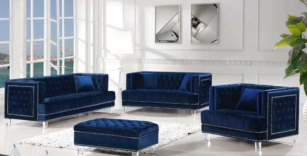 Sofa - The Lucas Collection by Meridian Furniture. Features beautifully tufted velvet upholstery with a custom nail head design and clear acrylic legs. This collection is guaranteed to be the highlight of any home.
Enticing in chic and sophisticated putty for a look of everyday luxury, this sectional simply says, "You’ve got great taste." Elements that bring in just enough glam include pewter-tone nailhead trim and fanciful roll arms that beautifully go with the flow. Textured cheetah print, fur and crushed velvet throw pillows incorporate fabulous sheen and shine. Sofa - The Lucas Collection by Meridian Furniture. Features beautifully tufted velvet upholstery with a custom nail head design and clear acrylic legs. This collection is guaranteed to be the highlight of any home.
Enticing in chic and sophisticated putty for a look of everyday luxury, this sectional simply says, "You’ve got great taste." Elements that bring in just enough glam include pewter-tone nailhead trim and fanciful roll arms that beautifully go with the flow. Textured cheetah print, fur and crushed velvet throw pillows incorporate fabulous sheen and shine.