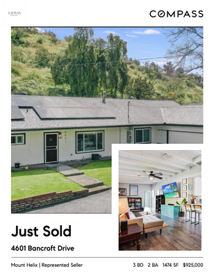 SOLD Mt. Helix Property - Beautiful Mount Helix home sold for $925,000 in San Diego County. 3BD/2BA single family home with 1,474 Sq. Ft on a a 1.9 Acre lot sold to a happy new family. Represented the seller to help them move onto the next chapter from their long term family home. SOLD Mt. Helix Property - Beautiful Mount Helix home sold for $925,000 in San Diego County. 3BD/2BA single family home with 1,474 Sq. Ft on a a 1.9 Acre lot sold to a happy new family. Represented the seller to help them move onto the next chapter from their long term family home.