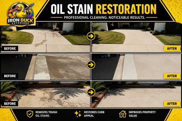 Oil Stain Restoration & Driveway Surface Cleaning - This driveway had severe oil staining caused by a vehicle leak that had soaked deep into the concrete surface. Using professional restoration techniques, degreasers, and surface cleaning equipment, we dramatically reduced the appearance of the staining while restoring the overall brightness of the concrete. The entire driveway was cleaned and treated to improve curb appeal and help the homeowner meet HOA expectations.
A leaking oil pan left heavy staining across this residential driveway. Our client wanted the surface restored and looking significantly better without the expense of replacement. We performed a targeted oil stain restoration process followed by professional surface cleaning to lift years of contamination and brighten the surrounding concrete. While some deep oil stains can permanently penetrate concrete, this restoration delivered a major visual improvement and transformed the overall appearance of the property.
#OilStainRemoval #OilStainRestoration #DrivewayCleaning #ConcreteCleaning #PressureWashing #SurfaceCleaning #CurbAppeal #HOACompliance #IronDuckExteriors #Palmdale #Lancaster #AntelopeValley #BeforeAndAfter #ExteriorCleaning #PropertyMaintenance Oil Stain Restoration & Driveway Surface Cleaning - This driveway had severe oil staining caused by a vehicle leak that had soaked deep into the concrete surface. Using professional restoration techniques, degreasers, and surface cleaning equipment, we dramatically reduced the appearance of the staining while restoring the overall brightness of the concrete. The entire driveway was cleaned and treated to improve curb appeal and help the homeowner meet HOA expectations.
A leaking oil pan left heavy staining across this residential driveway. Our client wanted the surface restored and looking significantly better without the expense of replacement. We performed a targeted oil stain restoration process followed by professional surface cleaning to lift years of contamination and brighten the surrounding concrete. While some deep oil stains can permanently penetrate concrete, this restoration delivered a major visual improvement and transformed the overall appearance of the property.
#OilStainRemoval #OilStainRestoration #DrivewayCleaning #ConcreteCleaning #PressureWashing #SurfaceCleaning #CurbAppeal #HOACompliance #IronDuckExteriors #Palmdale #Lancaster #AntelopeValley #BeforeAndAfter #ExteriorCleaning #PropertyMaintenance