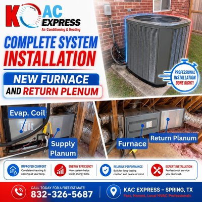 ❄️ Complete HVAC System Installation Completed in Spring, TX - Another homeowner in Spring, TX is now enjoying dependable, year-round comfort with a complete HVAC system installation by the KAC Express team.
After a thorough inspection, we found the existing system was no longer providing the efficiency and performance the homeowner needed. We recommended a complete system upgrade to improve comfort, airflow, and long-term reliability.
This project included:
✅ New High-Efficiency Outdoor Condenser
✅ New Furnace Installation
✅ New Evaporator Coil
✅ New Supply Plenum
✅ New Return Plenum
Our certified HVAC technicians professionally installed every component, pressure-tested the refrigerant lines, verified electrical connections, balanced airflow, and completed a full system performance test before the job was finished.
Benefits of a Complete HVAC System Installation:
✔ More consistent heating and cooling
✔ Improved indoor airflow and comfort
✔ Higher energy efficiency and lower utility costs
✔ Greater system reliability and longer equipment life
✔ Peace of mind knowing the installation was done right
If you're searching for AC installation near me, HVAC installation Spring TX, furnace replacement near me, air conditioner replacement near 77389, or a trusted HVAC contractor in Spring, TX, KAC Express is ready to help with honest recommendations and expert installation.
📞 Call (832) 326-5687 today to schedule your consultation or request a FREE estimate on a new HVAC system installation.
⭐ 4.9★ Google Rating | 400+ Reviews | Licensed & Insured Since 2008 ❄️ Complete HVAC System Installation Completed in Spring, TX - Another homeowner in Spring, TX is now enjoying dependable, year-round comfort with a complete HVAC system installation by the KAC Express team.
After a thorough inspection, we found the existing system was no longer providing the efficiency and performance the homeowner needed. We recommended a complete system upgrade to improve comfort, airflow, and long-term reliability.
This project included:
✅ New High-Efficiency Outdoor Condenser
✅ New Furnace Installation
✅ New Evaporator Coil
✅ New Supply Plenum
✅ New Return Plenum
Our certified HVAC technicians professionally installed every component, pressure-tested the refrigerant lines, verified electrical connections, balanced airflow, and completed a full system performance test before the job was finished.
Benefits of a Complete HVAC System Installation:
✔ More consistent heating and cooling
✔ Improved indoor airflow and comfort
✔ Higher energy efficiency and lower utility costs
✔ Greater system reliability and longer equipment life
✔ Peace of mind knowing the installation was done right
If you're searching for AC installation near me, HVAC installation Spring TX, furnace replacement near me, air conditioner replacement near 77389, or a trusted HVAC contractor in Spring, TX, KAC Express is ready to help with honest recommendations and expert installation.
📞 Call (832) 326-5687 today to schedule your consultation or request a FREE estimate on a new HVAC system installation.
⭐ 4.9★ Google Rating | 400+ Reviews | Licensed & Insured Since 2008