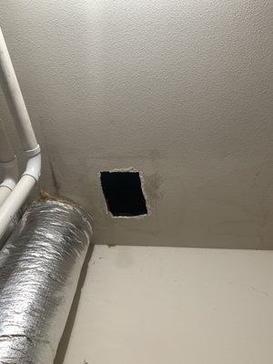 hole and seam repair - This is a recent repair we completed of a hole cut in a ceiling by a plumber that repaired the leak in the plumbing. We patched the hole, matched the texture and paint. hole and seam repair - This is a recent repair we completed of a hole cut in a ceiling by a plumber that repaired the leak in the plumbing. We patched the hole, matched the texture and paint.