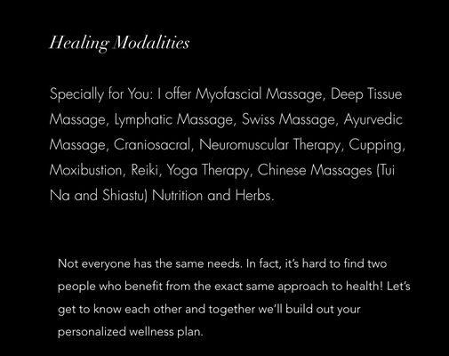 Our Services - Not everyone has the same needs. In fact, it’s hard to find two people who benefit from the exact same approach to health! Let’s get to know each other and together we’ll build out your personalized wellness plan. Our Services - Not everyone has the same needs. In fact, it’s hard to find two people who benefit from the exact same approach to health! Let’s get to know each other and together we’ll build out your personalized wellness plan.
