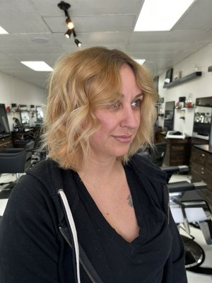Color Corrections - This transformation was done on over processed hair that had been dyed and bleached multiple times. The stylist lifted the clients hair with a gentle bleach and bonder to preserve the hairs integrity and corrected her tone to achieve a buttery blonde Color Corrections - This transformation was done on over processed hair that had been dyed and bleached multiple times. The stylist lifted the clients hair with a gentle bleach and bonder to preserve the hairs integrity and corrected her tone to achieve a buttery blonde