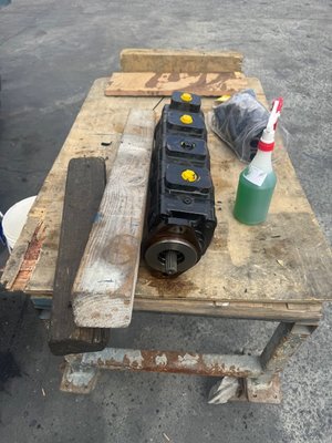80 ton gantry crane hydraulic pump replacement - The customer complaint was 1 of the 4 hoist was slower than the other 3. Flow test confirmed one section was weaker than the rest. Replaced the hydraulic pump and confirmed this corrected the customer concern. 80 ton gantry crane hydraulic pump replacement - The customer complaint was 1 of the 4 hoist was slower than the other 3. Flow test confirmed one section was weaker than the rest. Replaced the hydraulic pump and confirmed this corrected the customer concern.