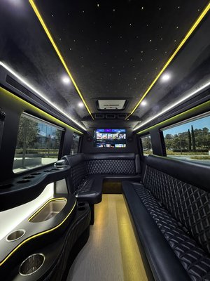 Luxury Sprinter Limo Chauffeur Service - Experience luxury group transportation in our Mercedes-Benz Sprinter Limo, designed for up to 12 passengers.

Perfect for birthdays, weddings, dinners, concerts, nights out, corporate events, and group transportation throughout Southern California.

Our Sprinter Limo features wraparound limousine-style seating, a starlight ceiling, ambient lighting, dual TVs, premium sound, privacy partition, ice chest, cup holders, and plenty of room for your group to travel comfortably.

Professional chauffeur service is included with every reservation. Whether you need transportation for a few hours or an entire evening, we’ll customize the trip around your itinerary.

Serving Orange County, Los Angeles, San Diego, and surrounding areas.