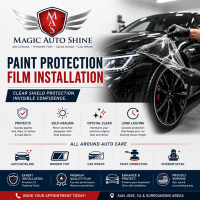 PPF Xpel Authorized Dealer - At Magic Auto Shine, we offer expert paint protection film (PPF) installation for top brands like Tesla, BMW, Mercedes, Audi, and Lexus, and many more. Our San Jose team ensures precision fit and crystal-clear protection to guard your car’s paint from chips, scratches, and road debris. Trust us for long-lasting PPF installs that keep your vehicle looking new, enhance value, and maintain showroom shine. Book your service today! PPF Xpel Authorized Dealer - At Magic Auto Shine, we offer expert paint protection film (PPF) installation for top brands like Tesla, BMW, Mercedes, Audi, and Lexus, and many more. Our San Jose team ensures precision fit and crystal-clear protection to guard your car’s paint from chips, scratches, and road debris. Trust us for long-lasting PPF installs that keep your vehicle looking new, enhance value, and maintain showroom shine. Book your service today!